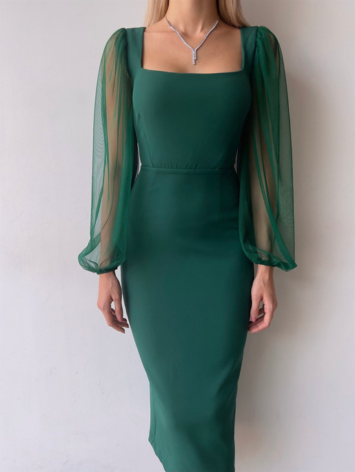 Kare Yaka Kolları Tül Arka Etek Kısmı Yırtmaçlı Jarlan Kadın Zümrüt Midi Boy Elbise 23K000097