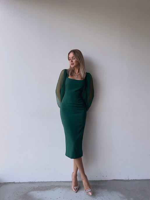 Kare Yaka Kolları Tül Arka Etek Kısmı Yırtmaçlı Jarlan Kadın Zümrüt Midi Boy Elbise 23K000097