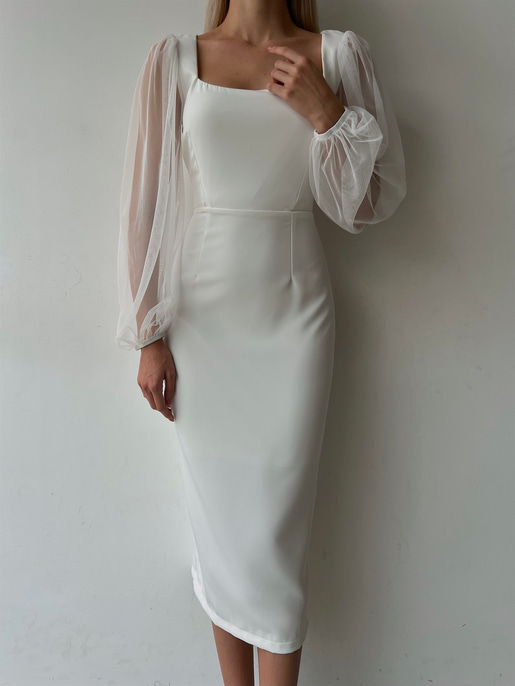 Kare Yaka Kolları Tül Arka Etek Kısmı Yırtmaçlı Jarlan Kadın Beyaz Midi Boy Elbise 23K000097