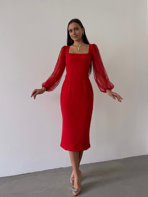 Kare Yaka Kolları Tül Arka Etek Kısmı Yırtmaçlı Jarlan Kadın Kırmızı Midi Boy Elbise 23K000097