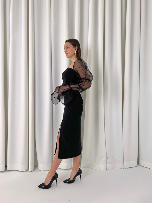 Kare Yaka Omzu Lastikli Uzun Tül Kol Pattern Kadın Siyah Midi Elbise 23K000443