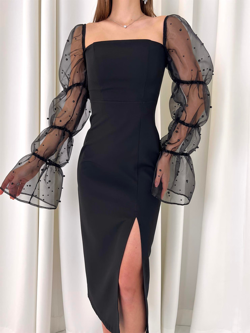 Kare Yaka Omzu Lastikli Uzun Tül Kol Pattern Kadın Siyah Midi Elbise 23K000443