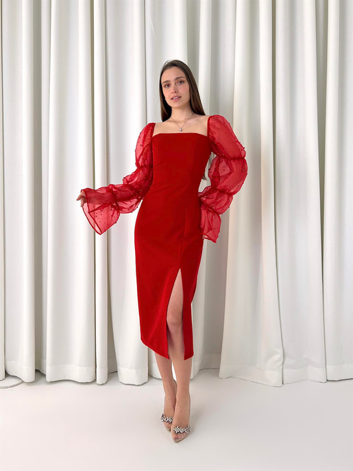 Kare Yaka Omzu Lastikli Uzun Tül Kol Pattern Kadın Kırmızı Midi Elbise Elbise 23K000443