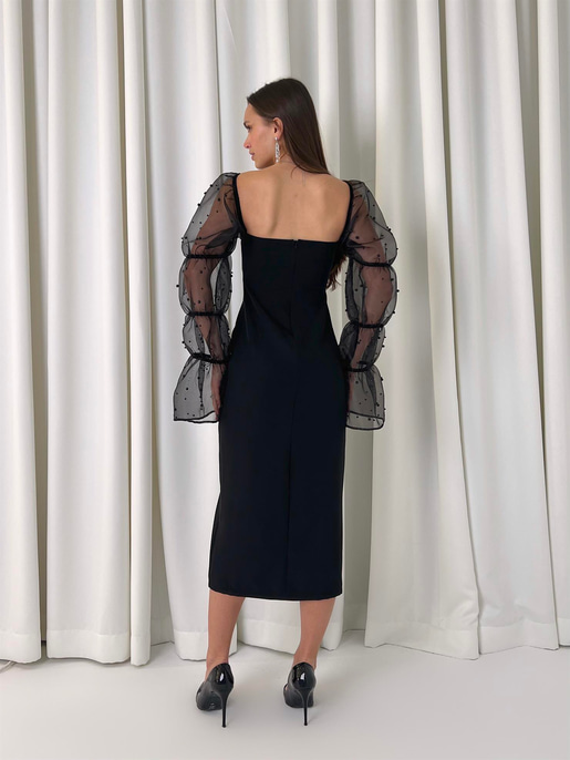 Kare Yaka Omzu Lastikli Uzun Tül Kol Pattern Kadın Siyah Midi Elbise 23K000443