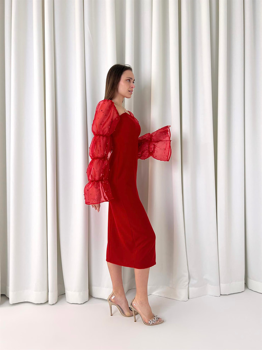 Kare Yaka Omzu Lastikli Uzun Tül Kol Pattern Kadın Kırmızı Midi Elbise Elbise 23K000443