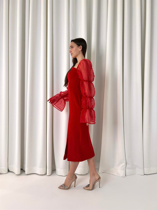 Kare Yaka Omzu Lastikli Uzun Tül Kol Pattern Kadın Kırmızı Midi Elbise Elbise 23K000443