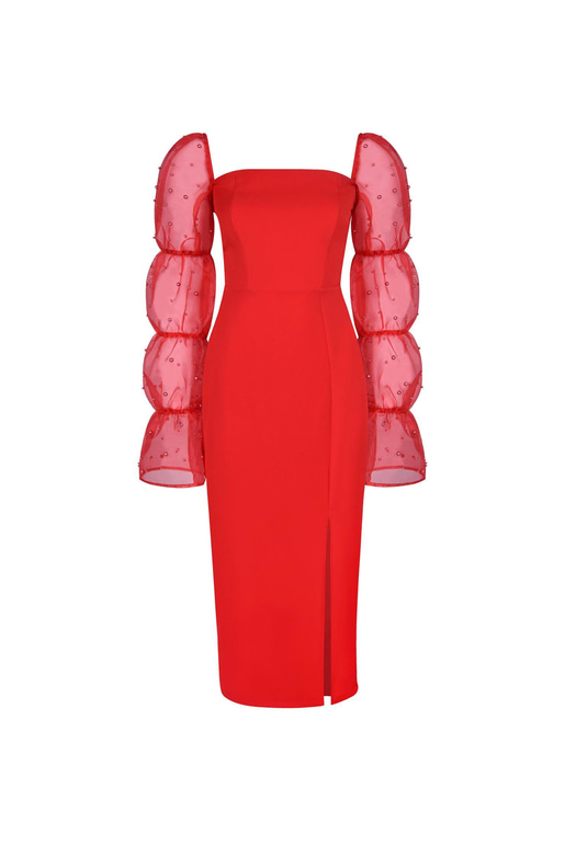 Kare Yaka Omzu Lastikli Uzun Tül Kol Pattern Kadın Kırmızı Midi Elbise Elbise 23K000443