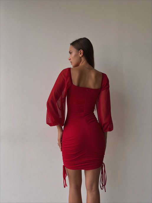 Kare Yaka Uzun Kol Eteği Drapeli Ve Ayarlanabilir Bağcıklı Carl Kadın Kırmızı Elbise 23K000032