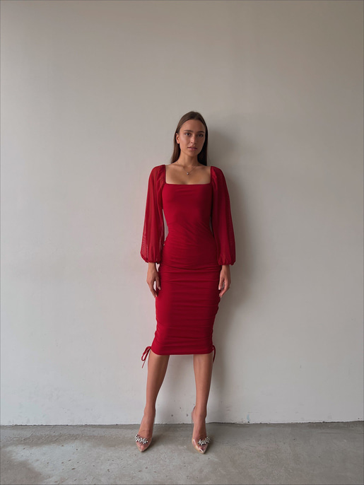 Kare Yaka Uzun Kol Eteği Drapeli Ve Ayarlanabilir Bağcıklı Carl Kadın Kırmızı Elbise 23K000032