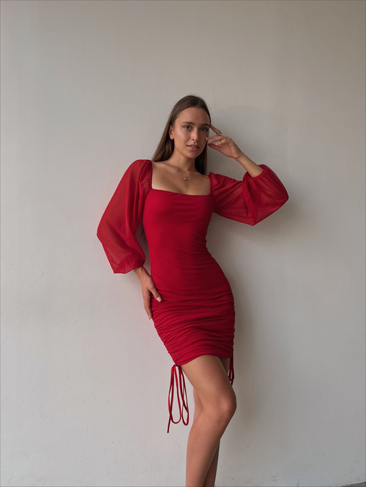 Kare Yaka Uzun Kol Eteği Drapeli Ve Ayarlanabilir Bağcıklı Carl Kadın Kırmızı Elbise 23K000032