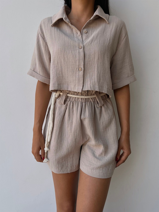 Keten Karışımı Kumaş Lastikli Bel Şort Ve Crop Gömlek Marita Kadın Taş İkili Takım 22Y000489