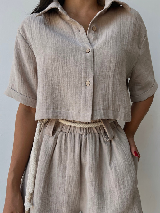 Keten Karışımı Kumaş Lastikli Bel Şort Ve Crop Gömlek Marita Kadın Taş İkili Takım 22Y000489