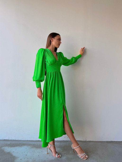 Kiloş Balon Kol Beli Düğmeli Viktoria Kadın Fıstık Yeşili Uzun Elbise 22K000051