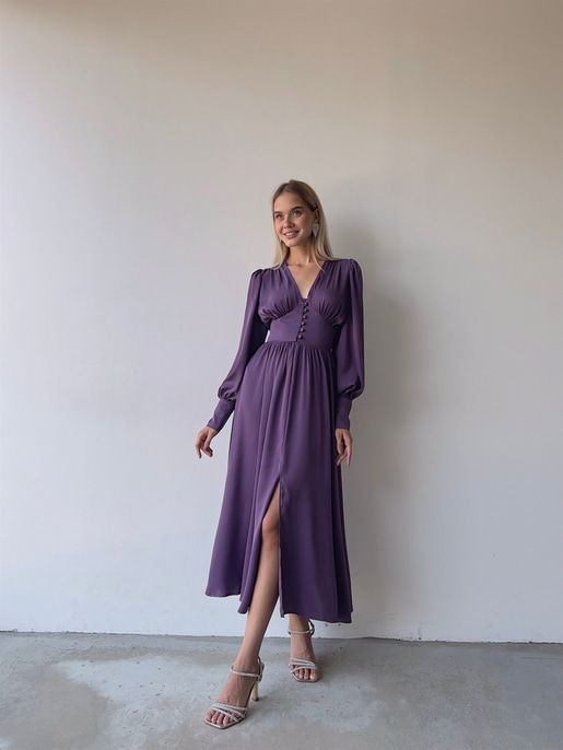 Kiloş Balon Kol Beli Düğmeli Viktoria Kadın Mor Uzun Elbise 22K000051
