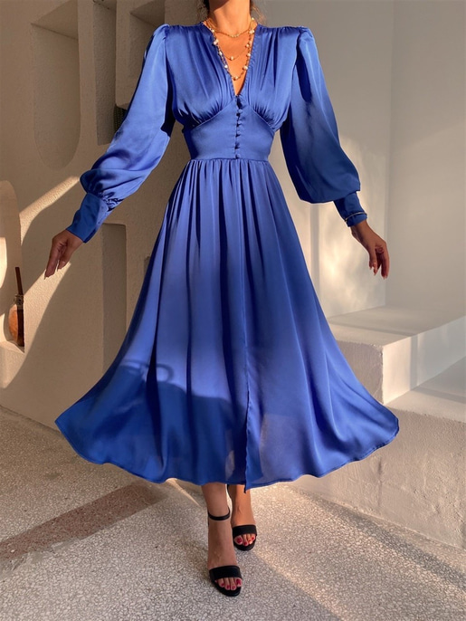 Kiloş Balon Kol Beli Düğmeli Viktoria Kadın Saks Uzun Elbise 22K000051