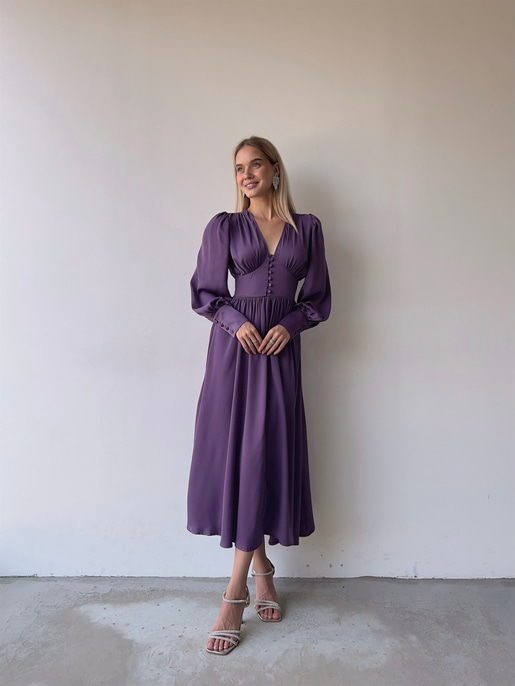Kiloş Balon Kol Beli Düğmeli Viktoria Kadın Mor Uzun Elbise 22K000051