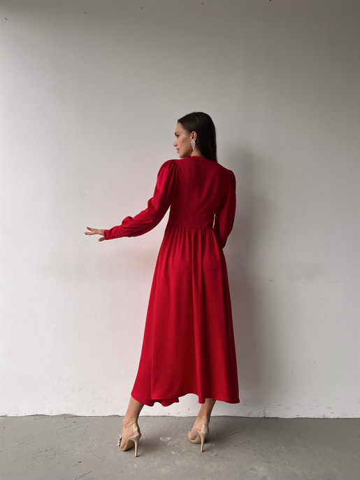 Kiloş Balon Kol Beli Düğmeli Viktoria Kadın Kırmızı Uzun Elbise 22K000051