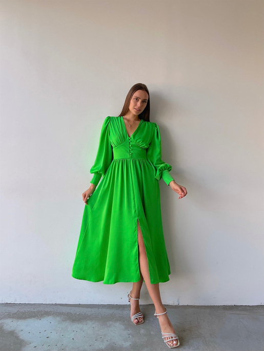 Kiloş Balon Kol Beli Düğmeli Viktoria Kadın Fıstık Yeşili Uzun Elbise 22K000051
