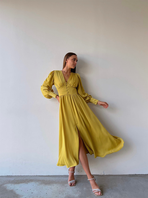 Kiloş Balon Kol Beli Düğmeli Viktoria Kadın Zeytin Yeşili Uzun Elbise 22K000051