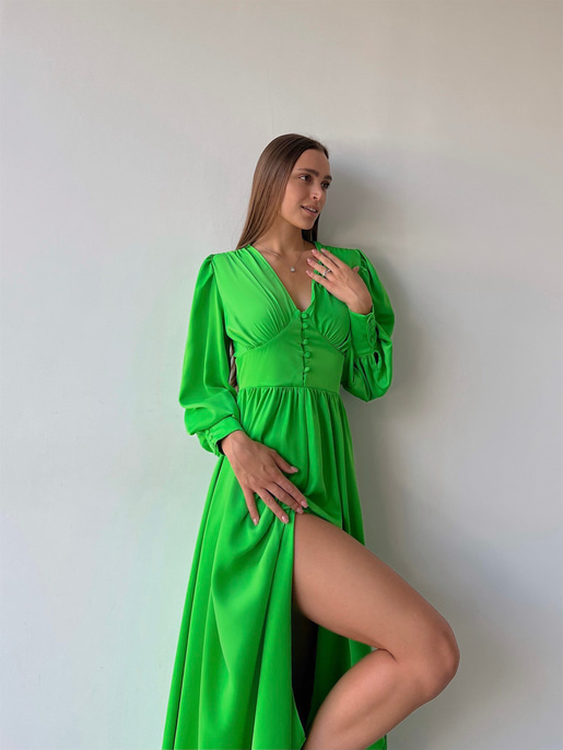 Kiloş Balon Kol Beli Düğmeli Viktoria Kadın Fıstık Yeşili Uzun Elbise 22K000051