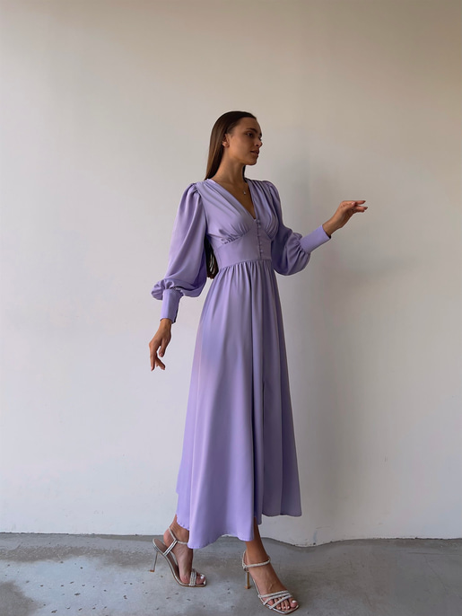 Kiloş Balon Kol Beli Düğmeli Viktoria Kadın Lila Uzun Elbise 22K000051
