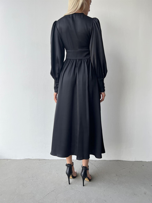 Kiloş Balon Kol Beli Düğmeli Viktoria Kadın Siyah Uzun Elbise 22K000051