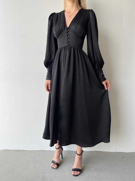 Kiloş Balon Kol Beli Düğmeli Viktoria Kadın Siyah Uzun Elbise 22K000051