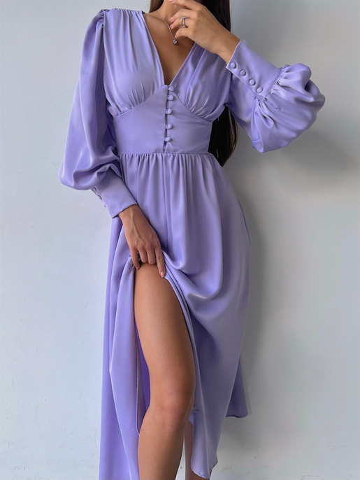 Kiloş Balon Kol Beli Düğmeli Viktoria Kadın Lila Uzun Elbise 22K000051