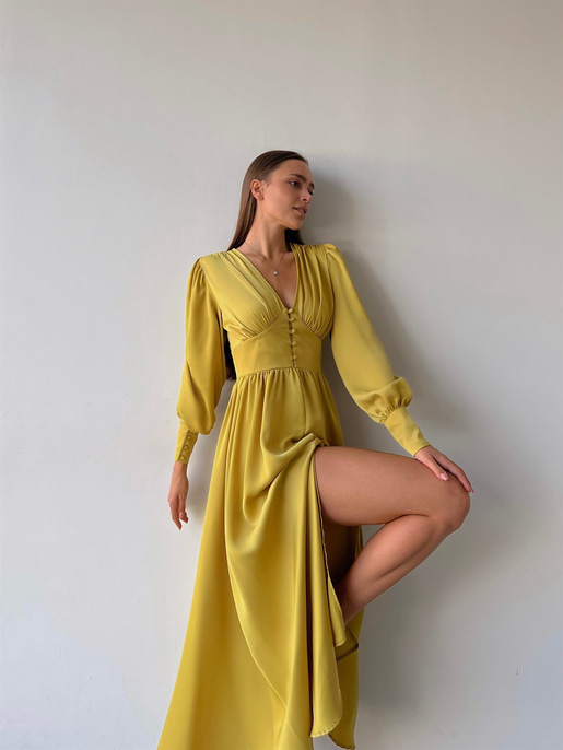 Kiloş Balon Kol Beli Düğmeli Viktoria Kadın Zeytin Yeşili Uzun Elbise 22K000051