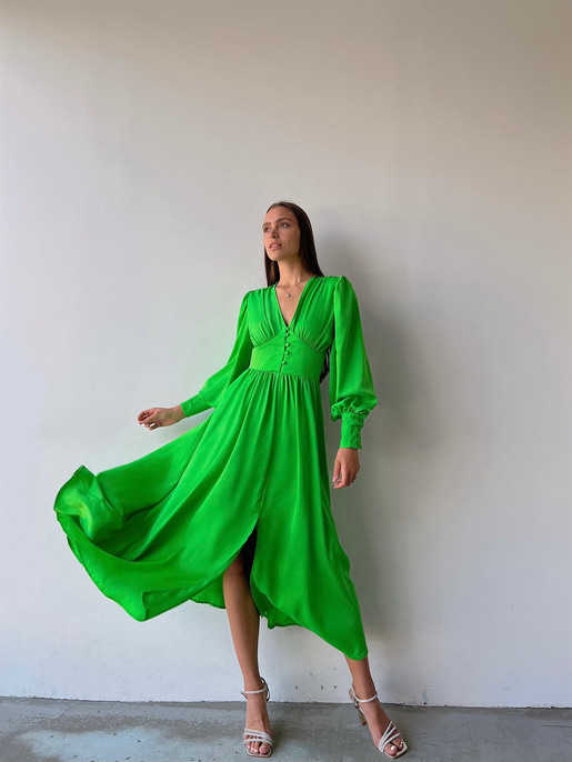 Kiloş Balon Kol Beli Düğmeli Viktoria Kadın Fıstık Yeşili Uzun Elbise 22K000051