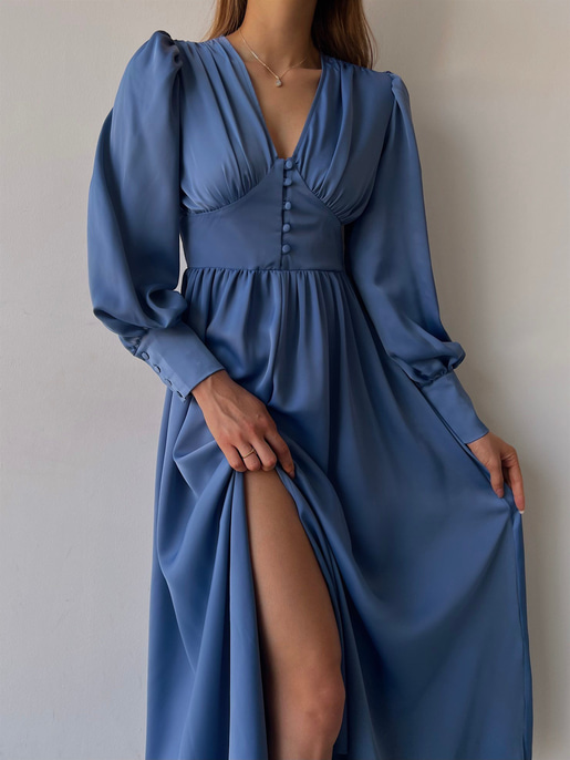 Kiloş Balon Kol Beli Düğmeli Viktoria Kadın İndigo Uzun Elbise 22K000051