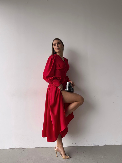 Kiloş Balon Kol Beli Düğmeli Viktoria Kadın Kırmızı Uzun Elbise 22K000051