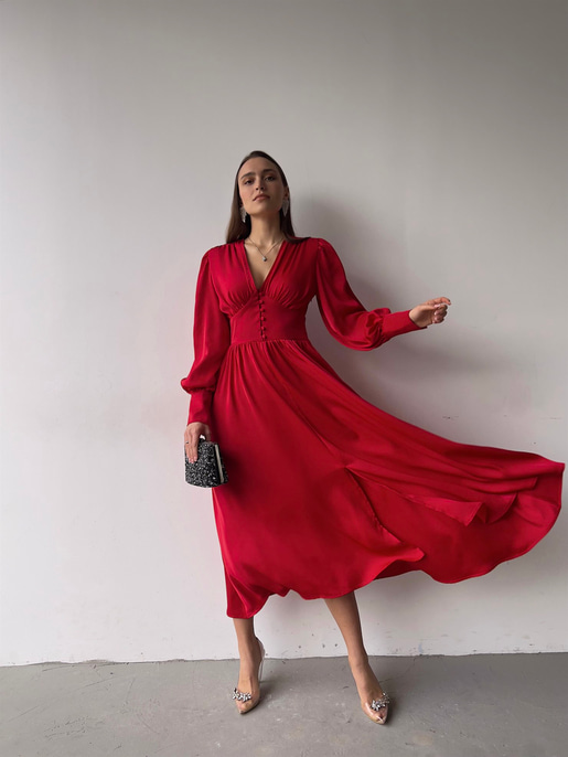 Kiloş Balon Kol Beli Düğmeli Viktoria Kadın Kırmızı Uzun Elbise 22K000051