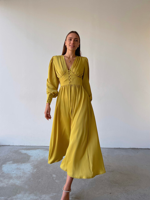 Kiloş Balon Kol Beli Düğmeli Viktoria Kadın Zeytin Yeşili Uzun Elbise 22K000051