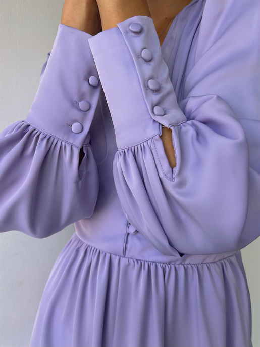 Kiloş Balon Kol Beli Düğmeli Viktoria Kadın Lila Uzun Elbise 22K000051