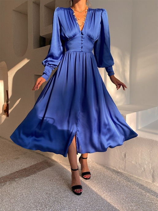 Kiloş Balon Kol Beli Düğmeli Viktoria Kadın Saks Uzun Elbise 22K000051