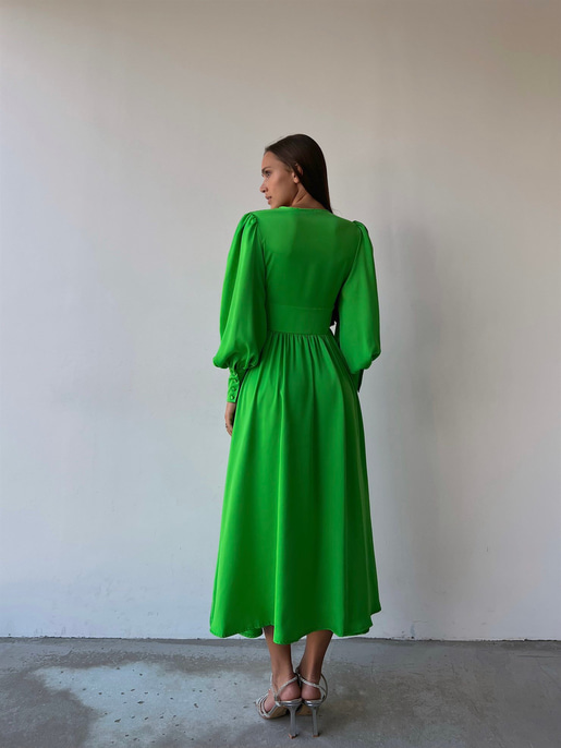 Kiloş Balon Kol Beli Düğmeli Viktoria Kadın Fıstık Yeşili Uzun Elbise 22K000051