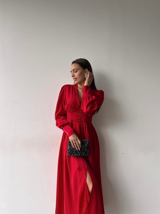 Kiloş Balon Kol Beli Düğmeli Viktoria Kadın Kırmızı Uzun Elbise 22K000051