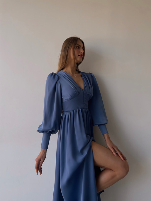 Kiloş Balon Kol Beli Düğmeli Viktoria Kadın İndigo Uzun Elbise 22K000051