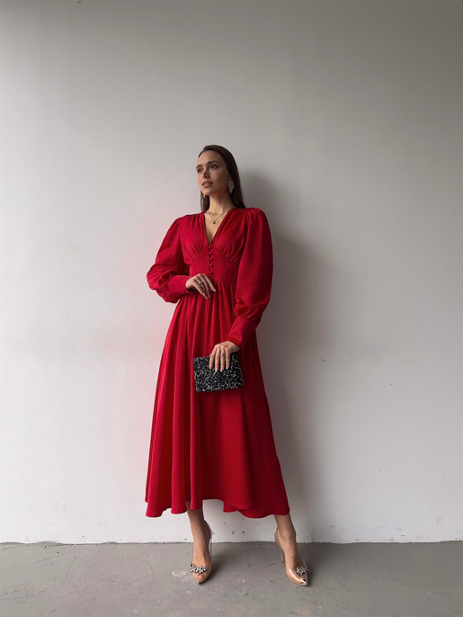 Kiloş Balon Kol Beli Düğmeli Viktoria Kadın Kırmızı Uzun Elbise 22K000051