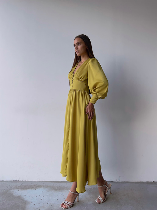 Kiloş Balon Kol Beli Düğmeli Viktoria Kadın Zeytin Yeşili Uzun Elbise 22K000051