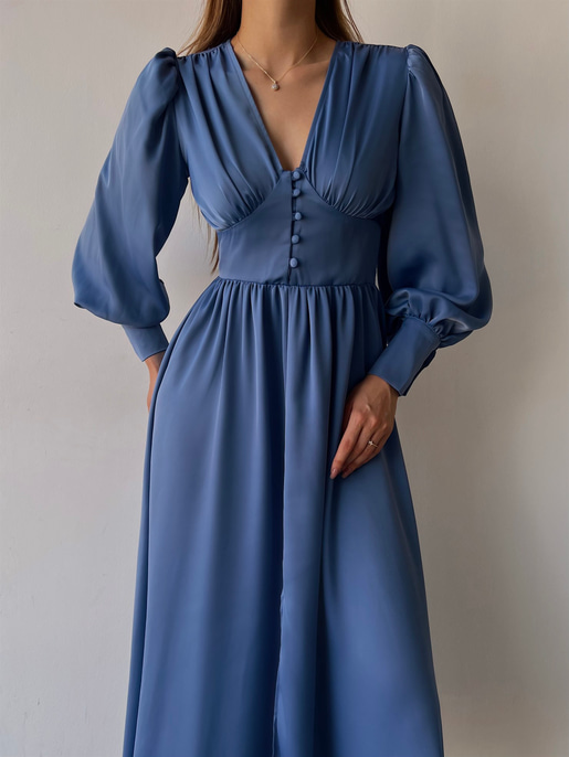 Kiloş Balon Kol Beli Düğmeli Viktoria Kadın İndigo Uzun Elbise 22K000051