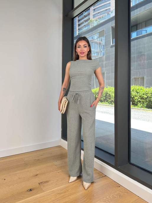 Kısa Kol Bluz Beli Lastikli Bol Paça Pantolon Eldar Kadın Haki Fitilli Takım 24Y854