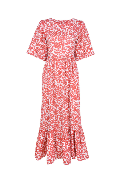 Kısa Kol Eteği Volanlı Çiçek Desenli Leyni Kiremit Kadın Elbise 25Y213