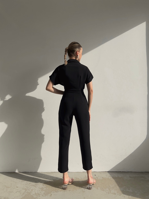 Kısa Kol Kruvaze Yaka Pileli Tonia Kadın Siyah Tulum 22Y000382