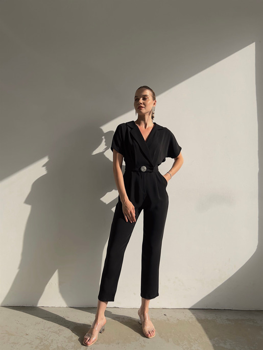 Kısa Kol Kruvaze Yaka Pileli Tonia Kadın Siyah Tulum 22Y000382