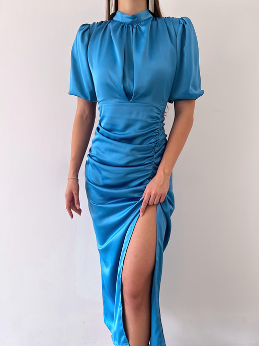 Kısa Kol Saten Önden Yırtmaçlı Drape Gage Kadın Mavi Elbise 22K000431