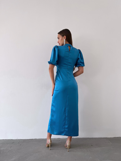 Kısa Kol Saten Önden Yırtmaçlı Drape Gage Kadın Mavi Elbise 22K000431