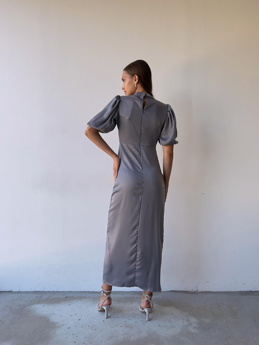 Kısa Kol Saten Önden Yırtmaçlı Drape Gage Kadın Gri Elbise 22K000431