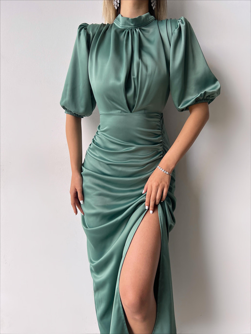 Kısa Kol Saten Önden Yırtmaçlı Drape Gage Kadın Mint Elbise 22K000431